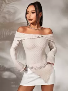 SHEIN ICON 一字肩木耳邊不對稱下擺T恤 - 杏色 - 查看 4