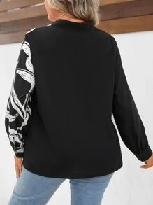 SHEIN LUNE Plus Graphic Print Lantern Sleeve Blouse - Black - View 2