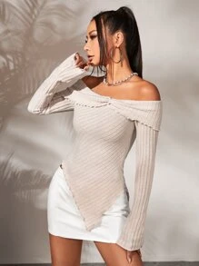 SHEIN ICON 一字肩木耳邊不對稱下擺T恤 - 杏色 - 查看 6