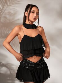 SHEIN ICON 水鑽鏈條細節荷葉邊吊帶上衣 - 黑色 - 查看 4