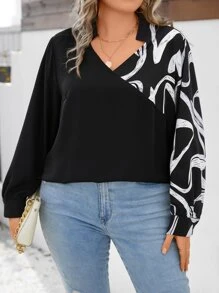 SHEIN LUNE Plus Graphic Print Lantern Sleeve Blouse - Black - View 3