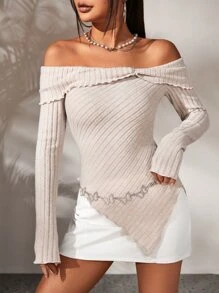 SHEIN ICON 一字肩木耳邊不對稱下擺T恤 - 杏色 - 查看 7