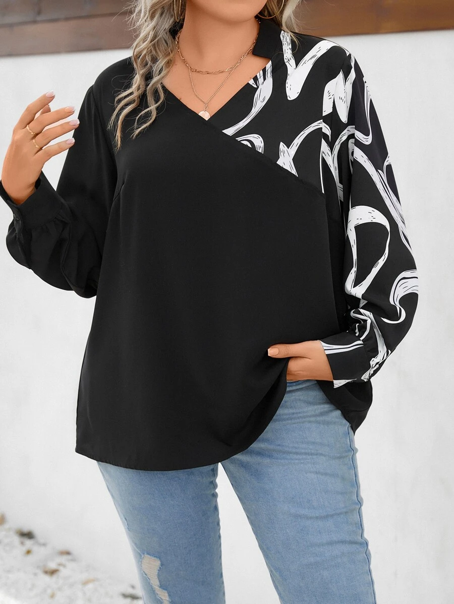 SHEIN LUNE Plus Graphic Print Lantern Sleeve Blouse - Black - View 1