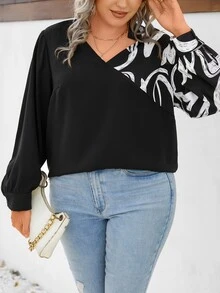 SHEIN LUNE Plus Graphic Print Lantern Sleeve Blouse - Black - View 5