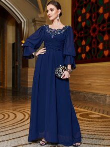 Layrah 凸花蕾絲貼花超長土耳其長衫連衣裙