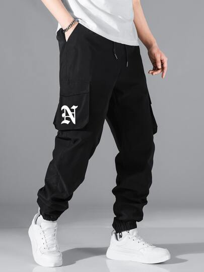 Manfinity EZcore Pantaloni Cargo Da Uomo Con Lettere E Tasche A Patta Grafiche, Vita Con Coulisse