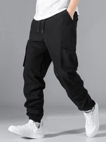 Manfinity Hypemode Men Letter Graphic Flap Pocket Drawstring Waist Cargo Trousers - Black - View 3