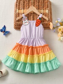 Toddler Girls Colourblock Carrot & Rabbit Patched Detail Layered Hem Cami Dress - Multicolor - View 1