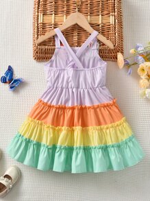 Toddler Girls Colourblock Carrot & Rabbit Patched Detail Layered Hem Cami Dress - Multicolor - View 2