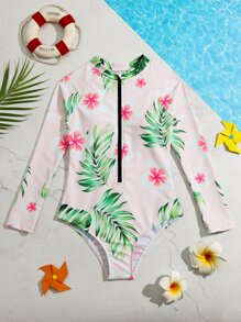 Girls Tropical Print Zipper Front One Piece Swimsuit - Pink - View 1