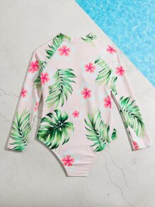 Girls Tropical Print Zipper Front One Piece Swimsuit - Pink - View 2