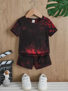 SHEIN Đứa bé trai Nhuộm buộc Áo thun & quần đùi - Đỏ - Xem 1