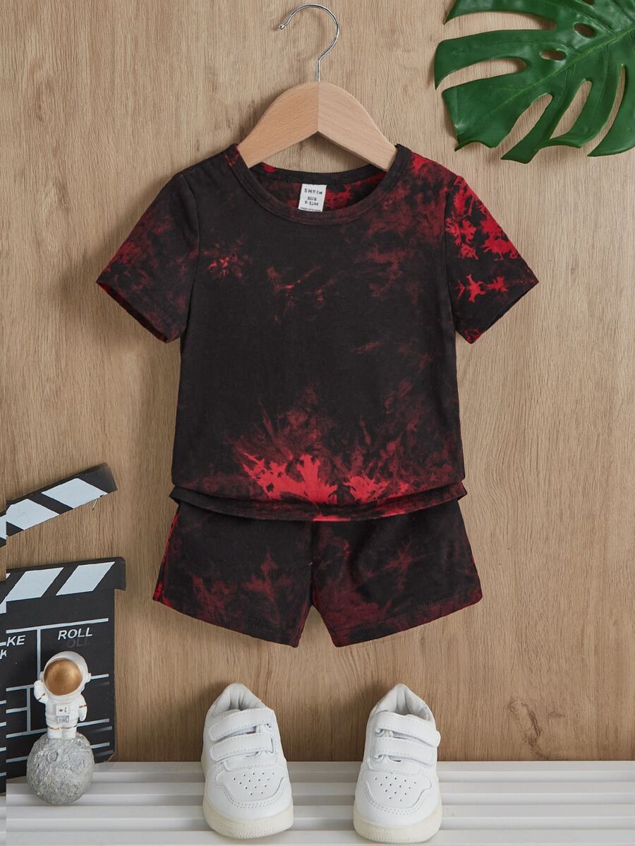 SHEIN Đứa bé trai Nhuộm buộc Áo thun & quần đùi - Đỏ - Xem 1