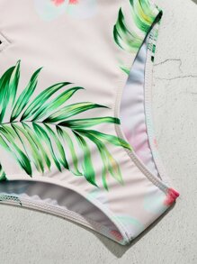 Girls Tropical Print Zipper Front One Piece Swimsuit - Pink - View 4