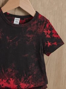 SHEIN Đứa bé trai Nhuộm buộc Áo thun & quần đùi - Đỏ - Xem 3