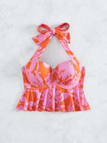 Allover Print Halter Push Up Bikini Top - Multicolor - View 3