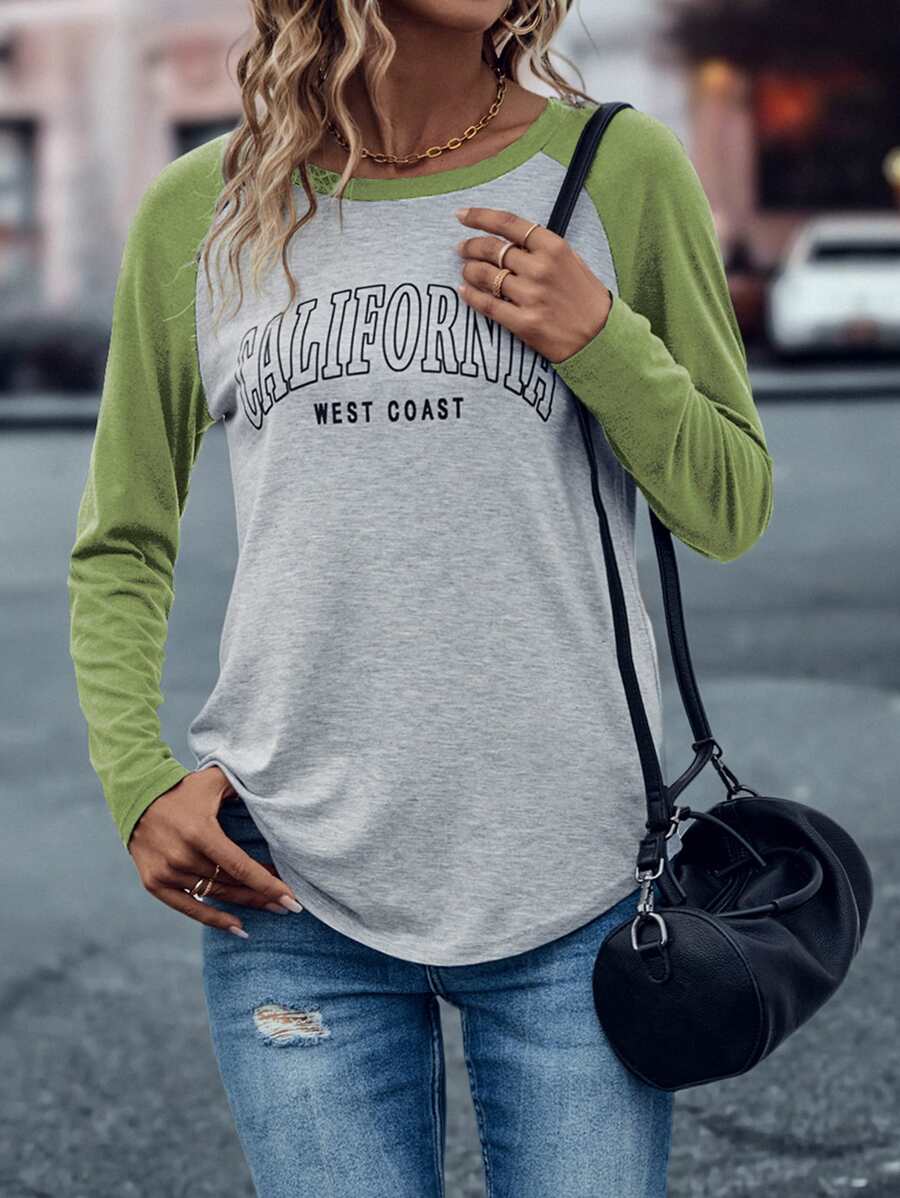 SHEIN LUNE Camiseta con estampado de letra de manga raglán - Verde Lima - Ver 1
