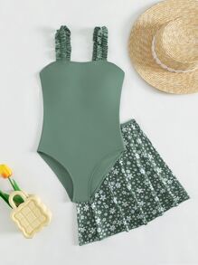 SHEIN 青少年女孩木耳褶皺邊背帶連體泳衣帶小碎花沙灘半身裙 - 綠色 - 查看 7