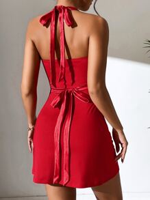 SHEIN PETITE Ruched Bust Split Hem Halter Backless Dress - Red - View 2