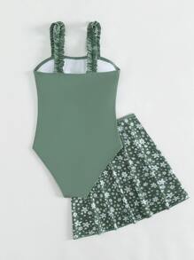 SHEIN 青少年女孩木耳褶皺邊背帶連體泳衣帶小碎花沙灘半身裙 - 綠色 - 查看 8
