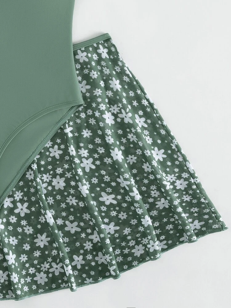 Teen Girls Frill Straps One Piece Swimsuit With Ditsy Floral Beach Skirt