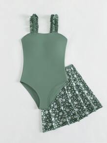 SHEIN 青少年女孩木耳褶皺邊背帶連體泳衣帶小碎花沙灘半身裙 - 綠色 - 查看 3