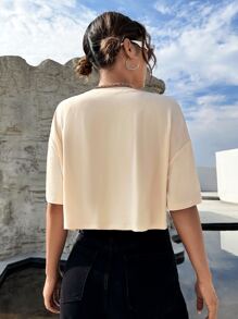 SHEIN EZwear 超大款短袖T恤，印有太阳山和海浪图案 - 米色 - 查看 2