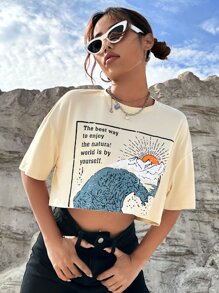 SHEIN EZwear 超大款短袖T恤，印有太阳山和海浪图案 - 米色 - 查看 3