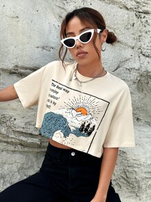 SHEIN EZwear 超大款短袖T恤，印有太阳山和海浪图案 - 米色 - 查看 5