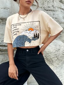 SHEIN EZwear 超大款短袖T恤，印有太阳山和海浪图案 - 米色 - 查看 6