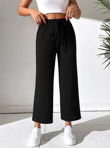 SHEIN PETITE Quần ống rộng lưng thun trơn đơn giản - màu đen - Xem 1