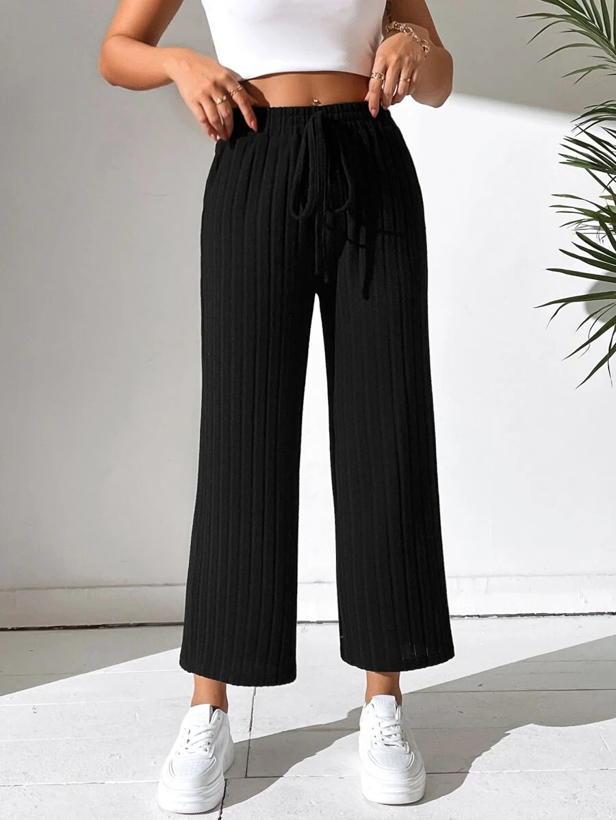 SHEIN PETITE Quần ống rộng lưng thun trơn đơn giản - màu đen - Xem 1