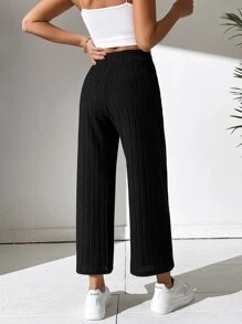 SHEIN PETITE Quần ống rộng lưng thun trơn đơn giản - màu đen - Xem 2