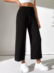 SHEIN PETITE Quần ống rộng lưng thun trơn đơn giản - màu đen - Xem 3