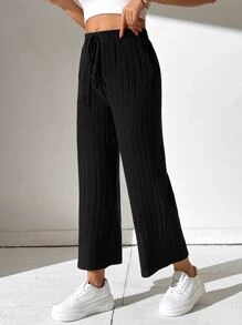 SHEIN PETITE Quần ống rộng lưng thun trơn đơn giản - màu đen - Xem 4