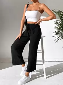 SHEIN PETITE Quần ống rộng lưng thun trơn đơn giản - màu đen - Xem 5