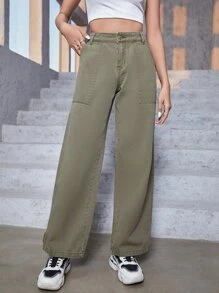 Zipper Fly Straight Leg Jeans - Army Green - View 5