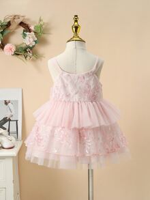 小女童花卉刺繡荷葉邊吊帶上衣和網紗多層半身裙 - 粉色 - 查看 2