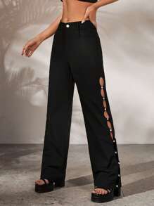 SHEIN ICON Pantalones unicolor con botón lateral - Negro - Ver 1