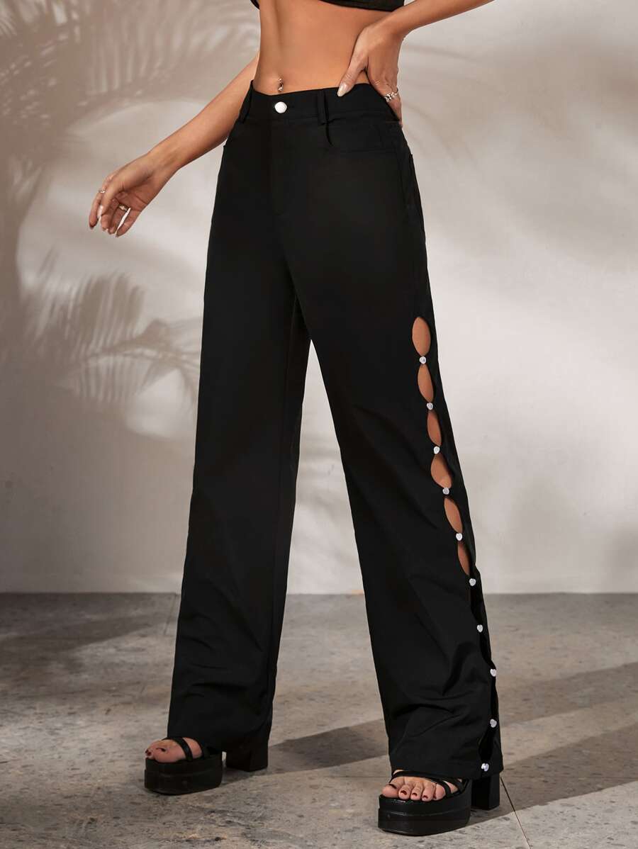 SHEIN ICON Pantalones unicolor con botón lateral - Negro - Ver 1