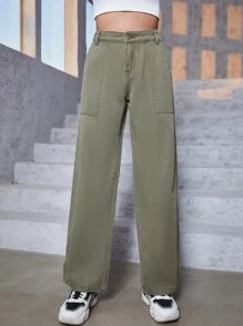 Zipper Fly Straight Leg Jeans - Army Green - View 1