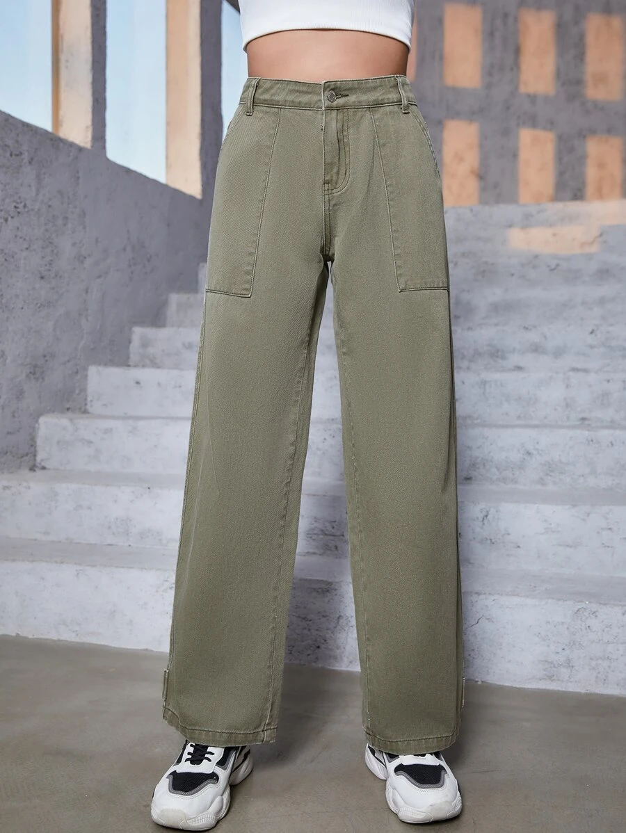 Zipper Fly Straight Leg Jeans - Army Green - View 1