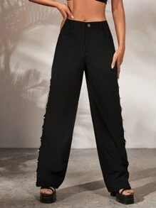 SHEIN ICON Pantalones unicolor con botón lateral - Negro - Ver 3