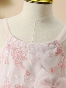 小女童花卉刺繡荷葉邊吊帶上衣和網紗多層半身裙 - 粉色 - 查看 5