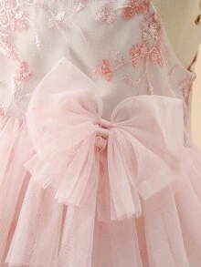 小女童花卉刺繡荷葉邊吊帶上衣和網紗多層半身裙 - 粉色 - 查看 6