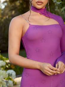 Vibrant Dames 设计师不对称领口镂空连身裤 - 紫色 - 查看 5