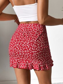 SHEIN PETITE Falda floral con cordón bajo con fruncido - Rojo y blanco - Ver 2
