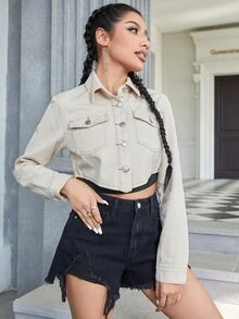 Top mezclilla crop con bolsillo con solapa con botón delantero - Beis - Ver 3