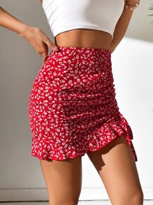 SHEIN PETITE Falda floral con cordón bajo con fruncido - Rojo y blanco - Ver 4