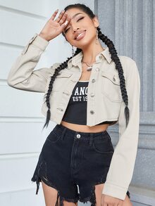 Top mezclilla crop con bolsillo con solapa con botón delantero - Beis - Ver 4